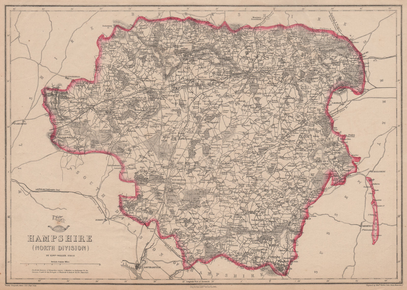 HAMPSHIRE NORTH. Winchester Basingstoke. Exclave. Railways. WELLER 1863 map